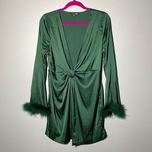 Fashion Nova Green Satin Mini Dress with Feather Sleeve Accents Size large